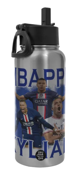 Kylian mbappe — Μεταλλικό παγούρι θερμός Silver με καλαμάκι και χερούλι (Stainless steel), διπλού τοιχώματος, 950ml
