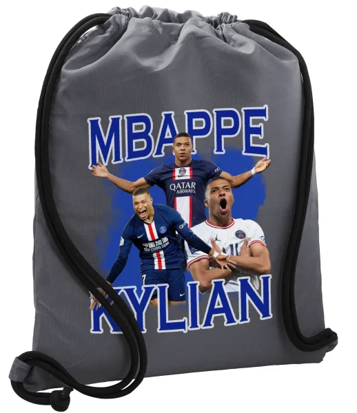 Kylian mbappe — Τσάντα πλάτης πουγκί GYMBAG ΓΚΡΙ, με τσέπη (40x48cm) & χονδρά κορδόνια