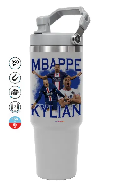 Kylian mbappe — ΓΚΡΙ Travel Tumbler Θερμός με χερούλι και καλαμάκι 890ml