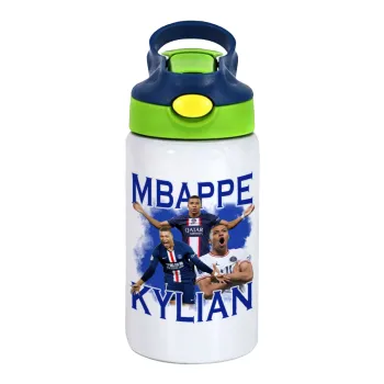 Kylian Mbappé, Children's hot water bottle, stainless steel, with safety straw, green, blue (350ml)