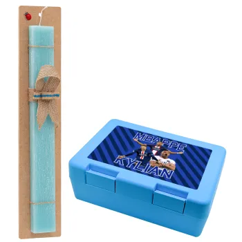 Kylian Mbappé, Easter Set, children's snack container BLUE & Easter aromatic flat candle (30cm) (TURQUOISE)