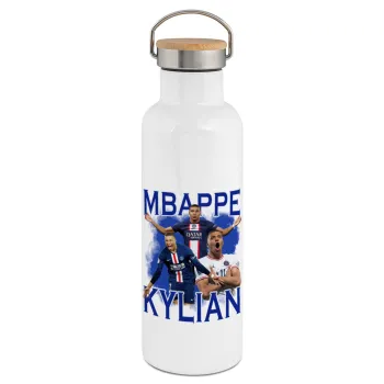 Kylian mbappe, Μεταλλικό παγούρι θερμός (Stainless steel) Λευκό με ξύλινο καπάκι (bamboo), διπλού τοιχώματος, 750ml