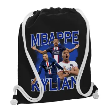 Kylian Mbappé, Backpack pouch GYMBAG Black, with pocket (40x48cm) & thick white cords
