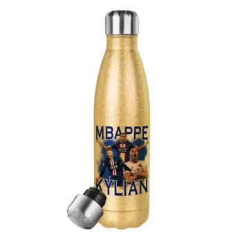 Kylian Mbappé, Glitter gold stainless steel thermos bottle, double-walled, 500ml