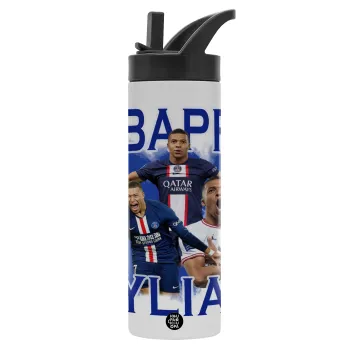 Kylian Mbappé, Metallic thermos bottle with straw & handle, stainless steel (Stainless steel 304), double-walled, 600ml.