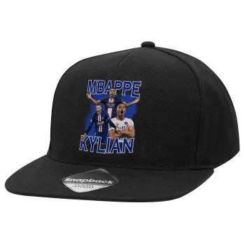 Kylian mbappe, Καπέλο Ενηλίκων Flat Snapback Μαύρο, (100% ΒΑΜΒΑΚΕΡΟ TWILL, ΕΝΗΛΙΚΩΝ, UNISEX, ONE SIZE)