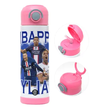 Kylian mbappe, Παιδικό παγούρι θερμό, ανοξείδωτο, με καλαμάκι ασφαλείας, ΡΟΖ (500ml)
