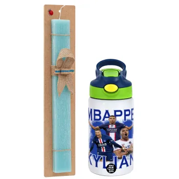 Kylian Mbappé, Easter Set, Children's thermal stainless steel bottle with safety straw, green/blue (350ml) & aromatic flat Easter candle (30cm) (TURQUOISE)