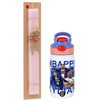 Kylian Mbappé, Easter Set, Children's thermal stainless steel water bottle with safety straw, pink/purple (350ml) & Easter scented flat candle (30cm) (PINK)