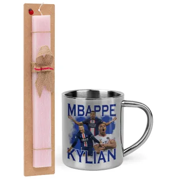 Kylian Mbappé, Easter Set, metallic thermal cup (300ml) & aromatic flat Easter candle (30cm) (PINK)