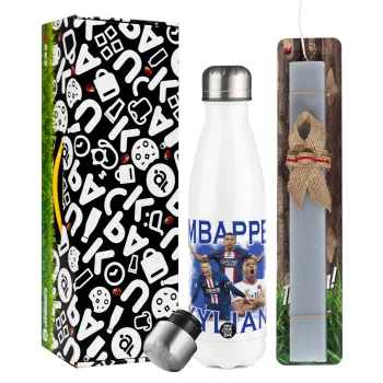 Kylian Mbappé, Easter candle, metallic white thermos bottle (500ml) & aromatic flat candle (30cm) (GRAY)