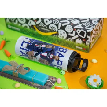 Kylian Mbappé, Easter candle,Travel Tumbler 2 Lids, with metal straw & cleaning brush & aromatic flat candle (30cm) (BLUE)