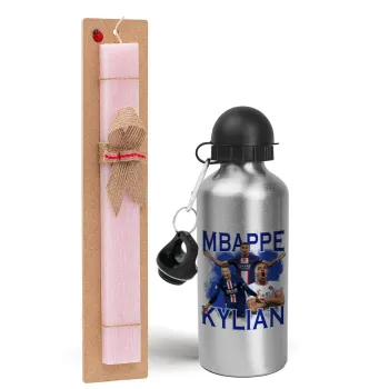 Kylian Mbappé, Easter Set, metallic Silver aluminum water bottle (500ml) & scented flat Easter candle (30cm) (PINK)