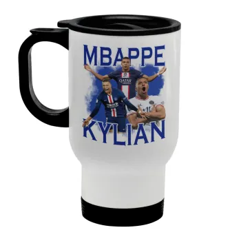 Kylian Mbappé, Stainless steel travel mug with lid, double wall white 450ml