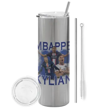 Kylian mbappe, Tumbler ποτήρι θερμό Ασημένιο από ανοξείδωτο ατσάλι 600ml, με μεταλλικό καλαμάκι & βούρτσα καθαρισμού