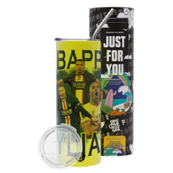 Kylian mbappe, Neon Yellow Travel Tumbler θερμό, μεταλλικό καλαμάκι(Ανωξείδωτο 304 Food grade, BPA free, 600ml)