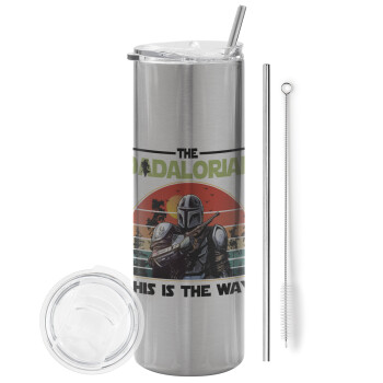 The Dadalorian, Eco friendly stainless steel Silver tumbler 600ml, with metal straw & cleaning brush