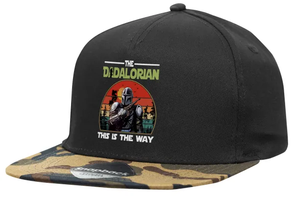 The Dadalorian — Adult Flat Snapback Hat Black/Camouflage, (100% COTTON TWILL, ADULT, UNISEX, ONE SIZE)