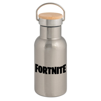 Fortnite landscape, Stainless steel metallic thermos flask, silver with a bamboo lid, double-walled, 350ml.