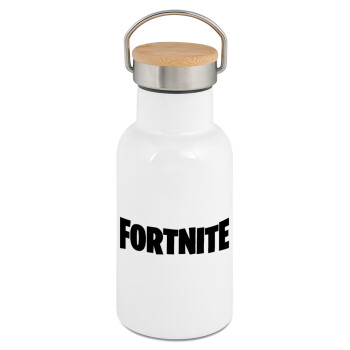 Fortnite landscape, Μεταλλικό παγούρι θερμός (Stainless steel) Λευκό με ξύλινο καπακι (bamboo), διπλού τοιχώματος, 350ml