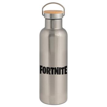 Fortnite landscape, Μεταλλικό παγούρι θερμός (Stainless steel) Ασημένιο με ξύλινο καπακι (bamboo), διπλού τοιχώματος, 750ml