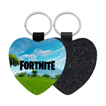 Fortnite landscape, Μπρελόκ PU δερμάτινο glitter καρδιά ΜΑΥΡΟ