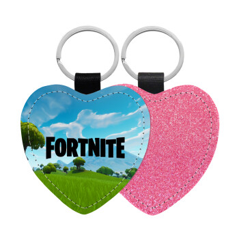 Fortnite landscape, Μπρελόκ PU δερμάτινο glitter καρδιά ΡΟΖ