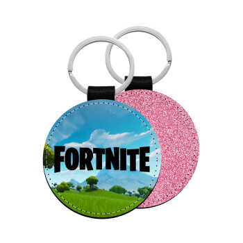 Fortnite landscape, Μπρελόκ Δερματίνη, στρογγυλό ΡΟΖ (5cm)