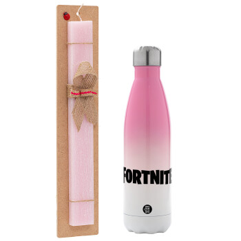 Fortnite landscape, Easter Set, Metallic pink/white (Stainless steel) thermos, double-walled, 500ml & aromatic flat Easter candle (30cm) (PINK)