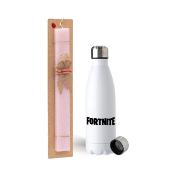 Fortnite landscape, Easter Set, metallic stainless steel water bottle (750ml) & scented flat Easter candle (30cm) (PINK)