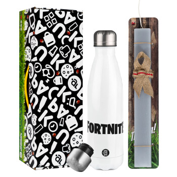 Fortnite landscape, Easter candle, metallic white thermos bottle (500ml) & aromatic flat candle (30cm) (GRAY)