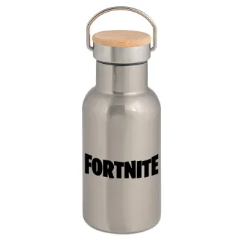 Fortnite landscape, Μεταλλικό παγούρι θερμός (Stainless steel) Ασημένιο με ξύλινο καπακι (bamboo), διπλού τοιχώματος, 350ml