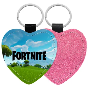 Fortnite landscape, Μπρελόκ PU δερμάτινο glitter καρδιά ΡΟΖ