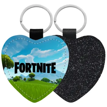 Fortnite landscape, Μπρελόκ PU δερμάτινο glitter καρδιά ΜΑΥΡΟ
