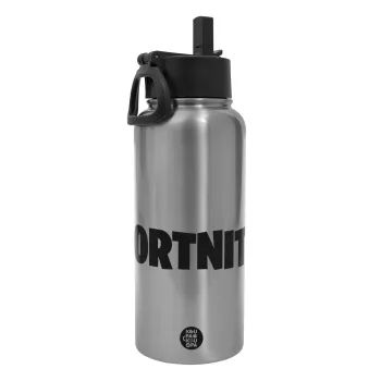 Fortnite landscape, Metal mug thermo Silver with Straw and Spout Lid (Stainless steel), double wall, 950ml