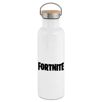 Fortnite landscape, Μεταλλικό παγούρι θερμός (Stainless steel) Λευκό με ξύλινο καπάκι (bamboo), διπλού τοιχώματος, 750ml