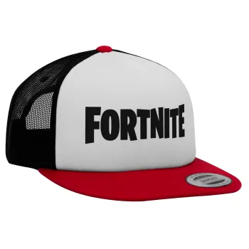 Fortnite landscape, Adult Foam Flat Snapback with Mesh Red-White-Black (POLYESTER, ADULT, UNISEX, ONE SIZE)