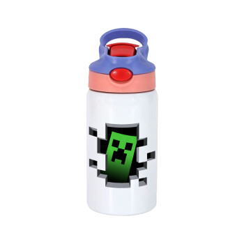 Minecraft creeper, Children's hot water bottle, stainless steel, with safety straw, pink/purple (350ml)