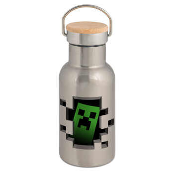 Minecraft creeper, Stainless steel metallic thermos flask, silver with a bamboo lid, double-walled, 350ml.
