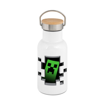 Minecraft creeper, Μεταλλικό παγούρι θερμός (Stainless steel) Λευκό με ξύλινο καπακι (bamboo), διπλού τοιχώματος, 350ml