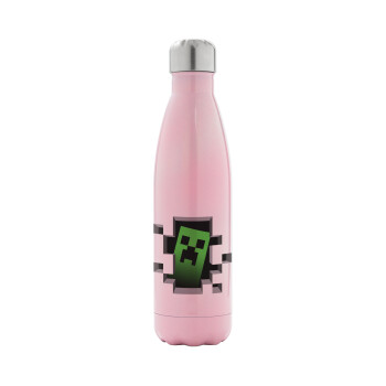 Minecraft creeper, Μεταλλικό παγούρι θερμός Ροζ Ιριδίζον (Stainless steel), διπλού τοιχώματος, 500ml