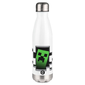 Minecraft creeper, Μεταλλικό παγούρι θερμός Λευκό (Stainless steel), διπλού τοιχώματος, 500ml