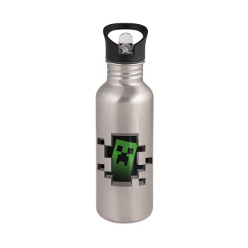 Minecraft creeper, Water bottle Silver with straw, stainless steel 600ml