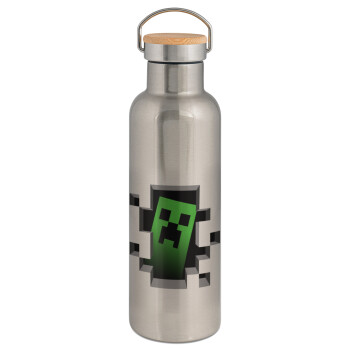 Minecraft creeper, Μεταλλικό παγούρι θερμός (Stainless steel) Ασημένιο με ξύλινο καπακι (bamboo), διπλού τοιχώματος, 750ml