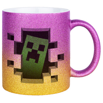 Minecraft creeper, Κούπα Χρυσή/Ροζ Glitter, κεραμική, 330ml