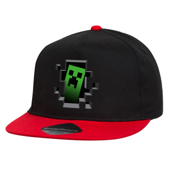 Minecraft creeper, Καπέλο παιδικό Flat Snapback, Μαύρο/Κόκκινο (100% ΒΑΜΒΑΚΕΡΟ, ΠΑΙΔΙΚΟ, UNISEX, ONE SIZE)