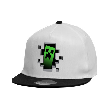 Minecraft creeper, Καπέλο παιδικό Flat Snapback, Λευκό (100% ΒΑΜΒΑΚΕΡΟ, ΠΑΙΔΙΚΟ, UNISEX, ONE SIZE)