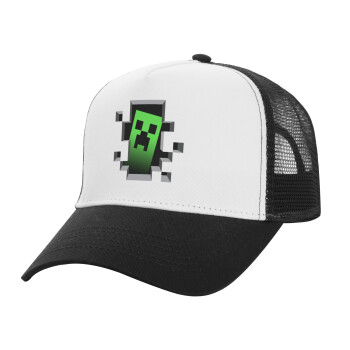 Minecraft creeper, Adult Structured Trucker Hat, with Mesh, WHITE/BLACK (100% COTTON, ADULT, UNISEX, ONE SIZE)