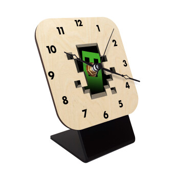Minecraft creeper, Quartz Table clock in natural wood (10cm)