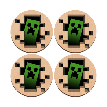 Minecraft creeper, ΣΕΤ x4 Σουβέρ ξύλινα στρογγυλά plywood (9cm)